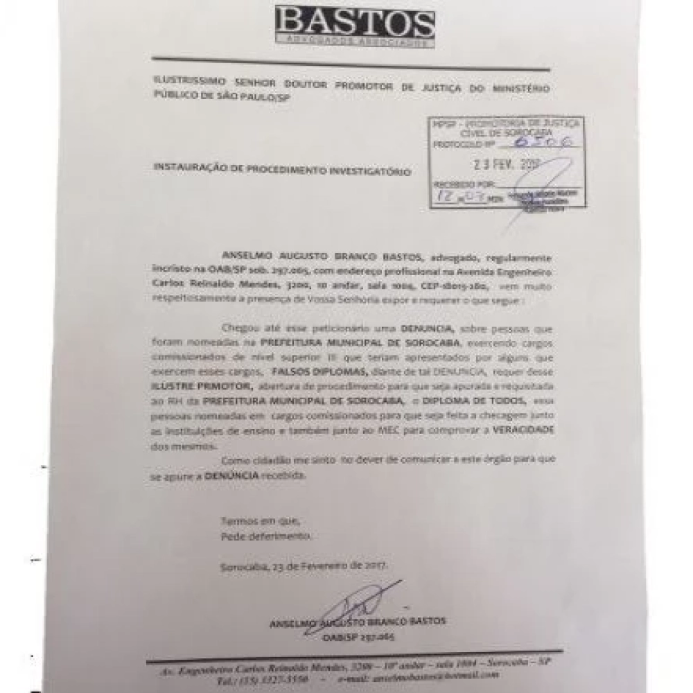 Advogado denuncia no MP suposto uso de diploma falso na Prefeitura de Sorocaba