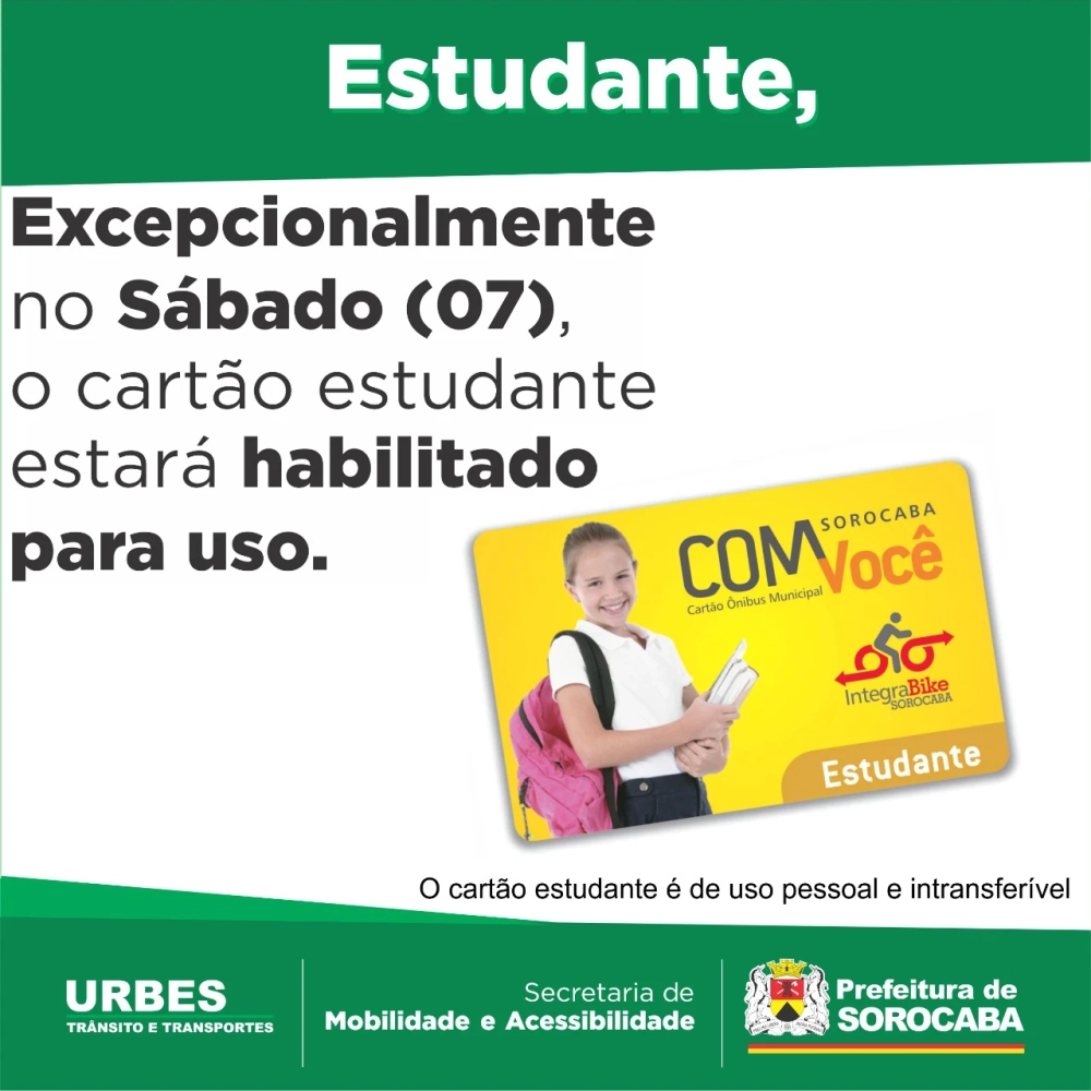 Cartão estudante estará habilitado para uso neste sábado
