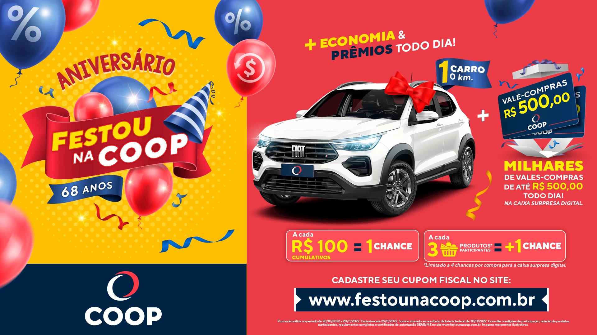 COOP lança campanha de aniversário e entre os prêmios estão vales-compra e carro 0KM