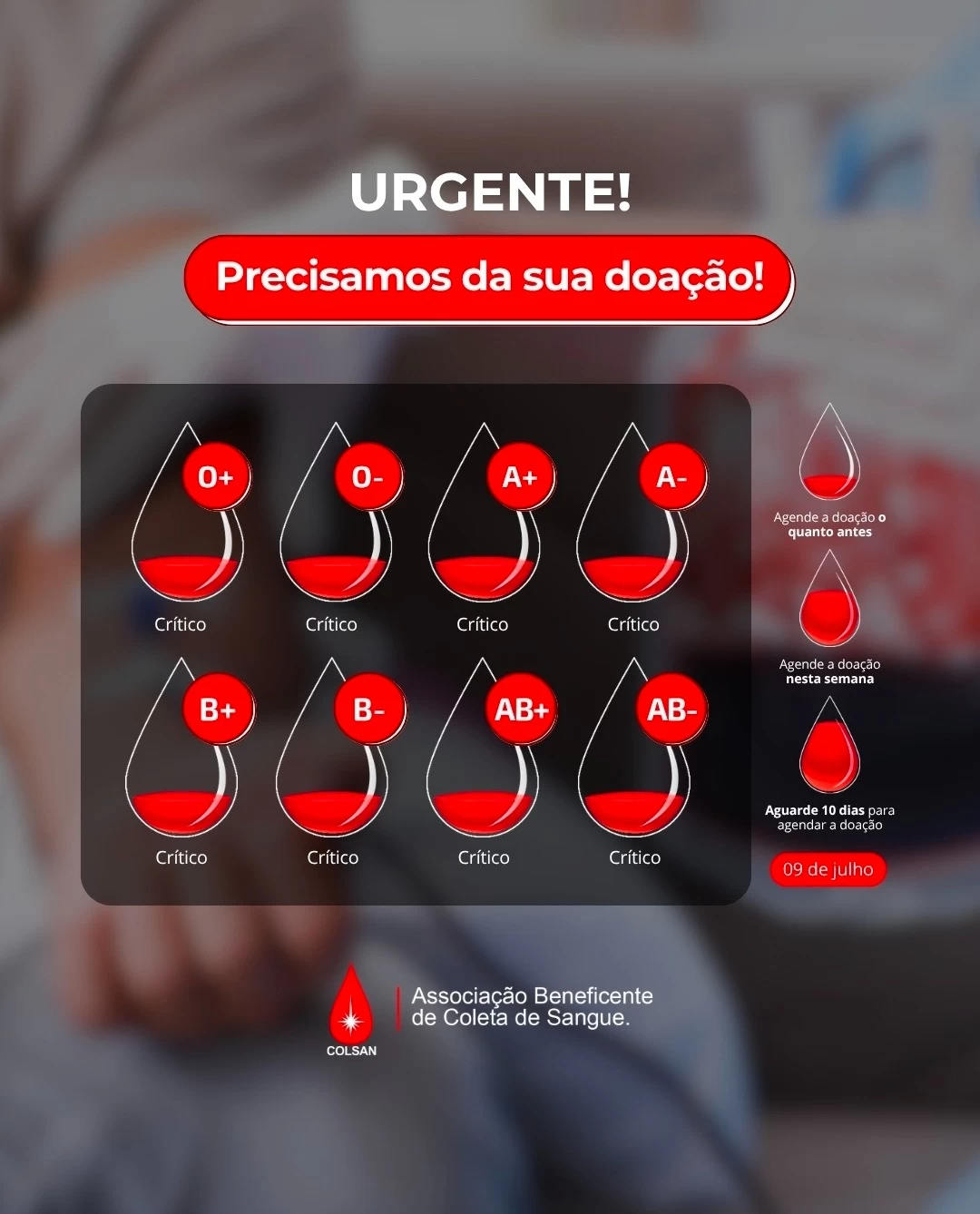 Colsan intensifica convocação de doadores devido a estoque crítico de sangue