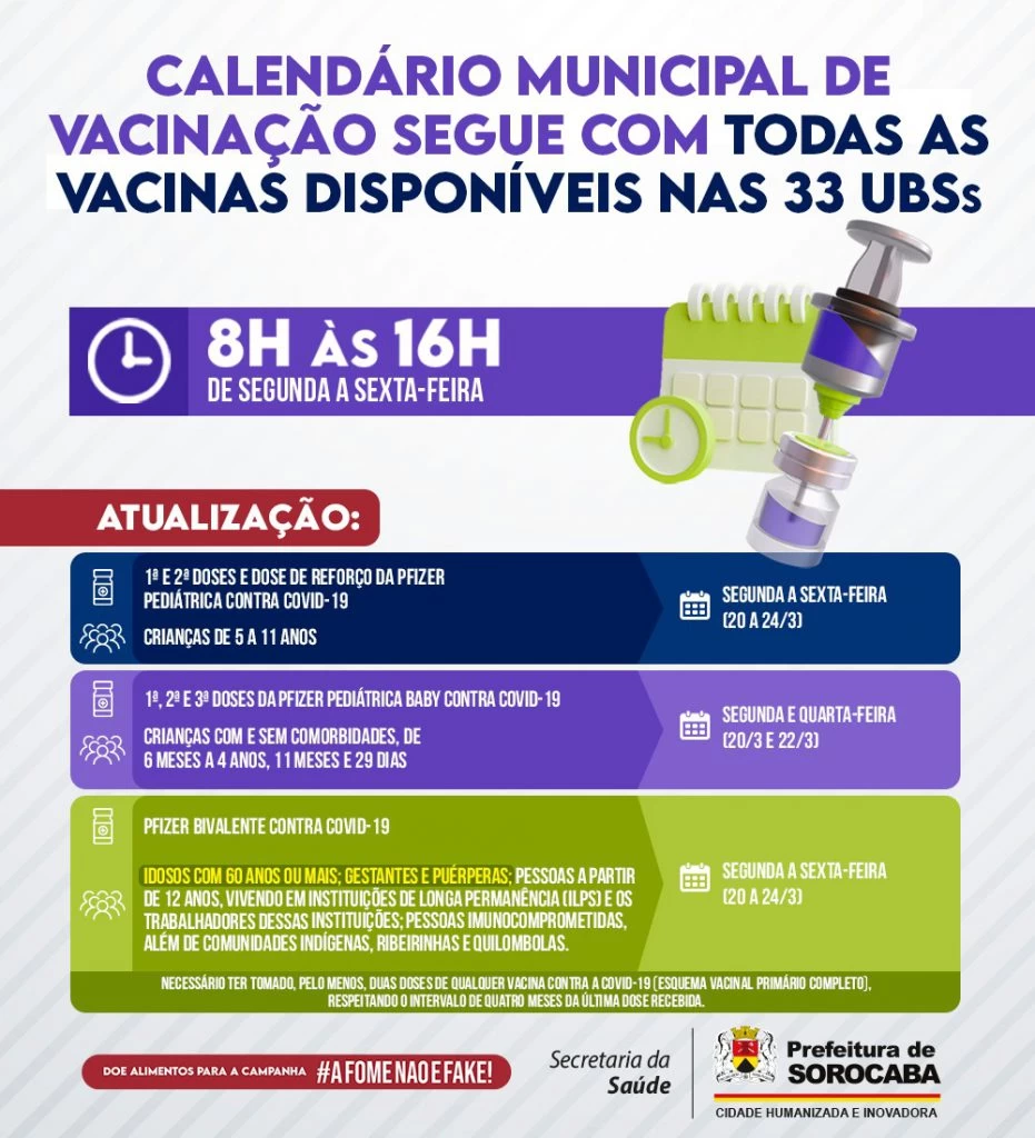 Calendário Municipal de Vacinação segue com todas as vacinas disponíveis nas 33 UBS de Sorocaba