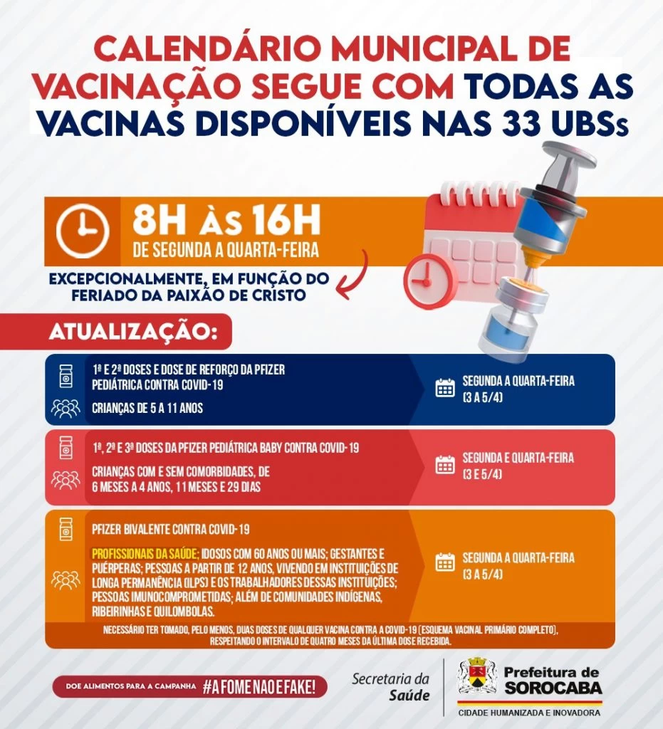 Calendário Municipal de Vacinação segue com todas as vacinas disponíveis nas UBSs de Sorocaba.