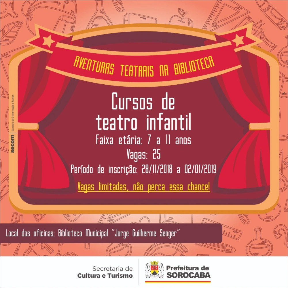 Inscrição para curso gratuito de teatro infantil termina no dia 2 de janeiro