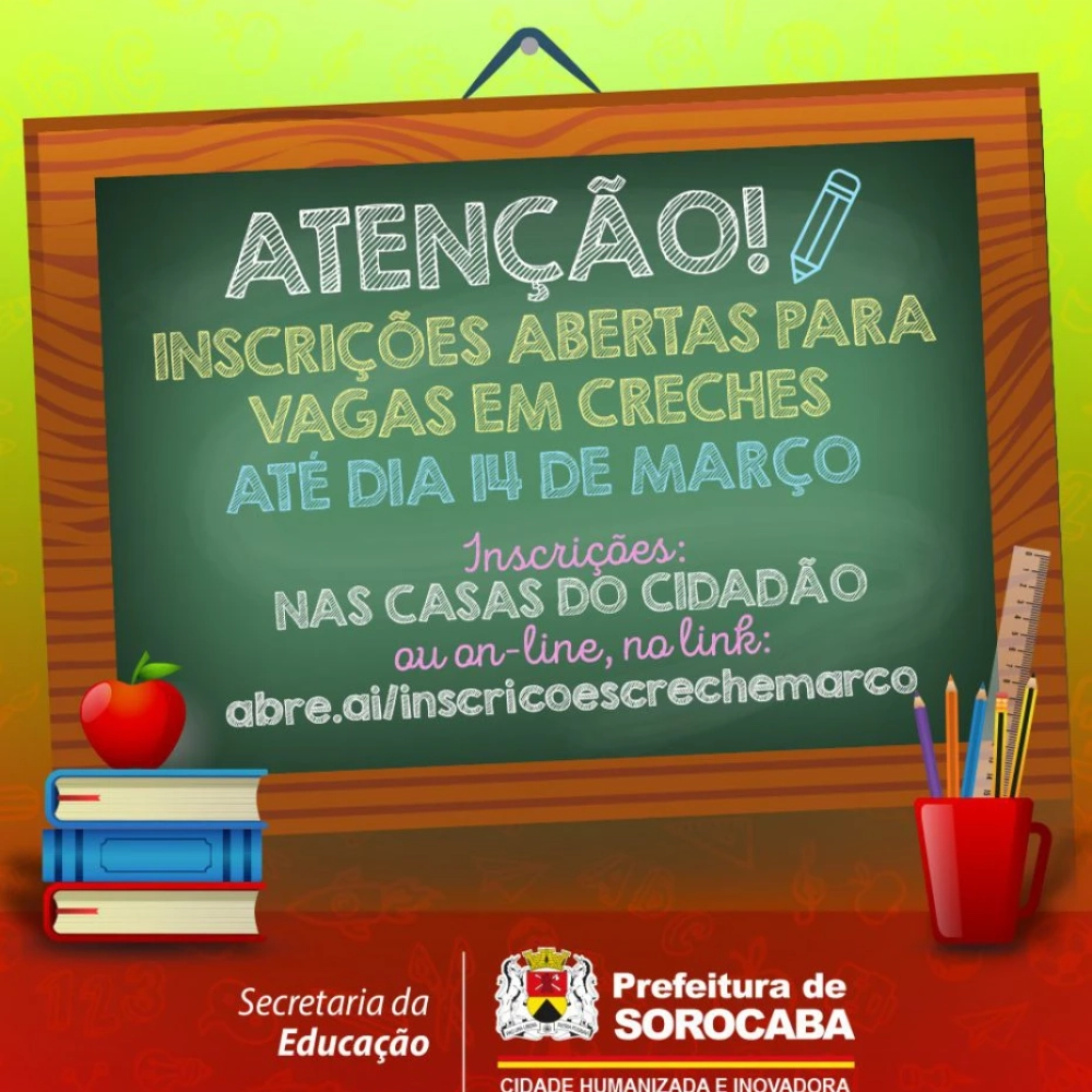 Inscrições de março para vagas em creche estão disponíveis até dia 14