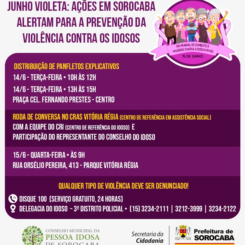 Junho Violeta: ações em Sorocaba alertam para a prevenção da violência contra os idosos