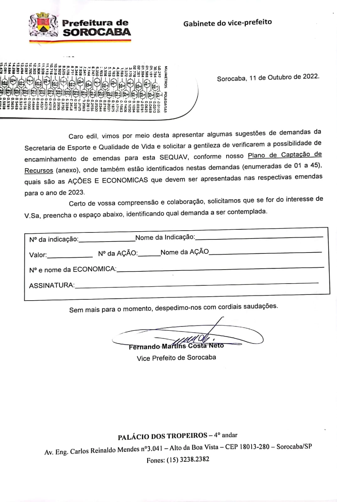 Vice-Prefeito de Sorocaba faz o trabalho de Secretário e envia carta para os vereadores solicitando emendas para a Secretaria de Esportes e Qualidade de Vida