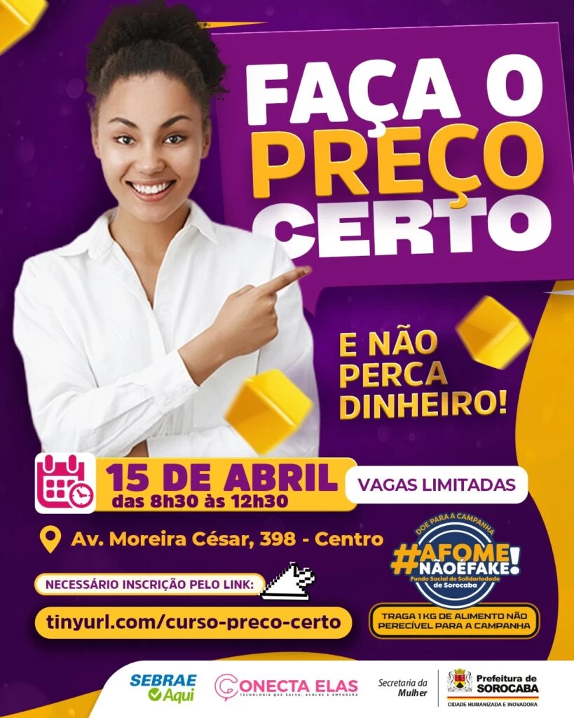 Secretaria da Mulher abre inscrições para curso gratuito “Faça o Preço Certo”