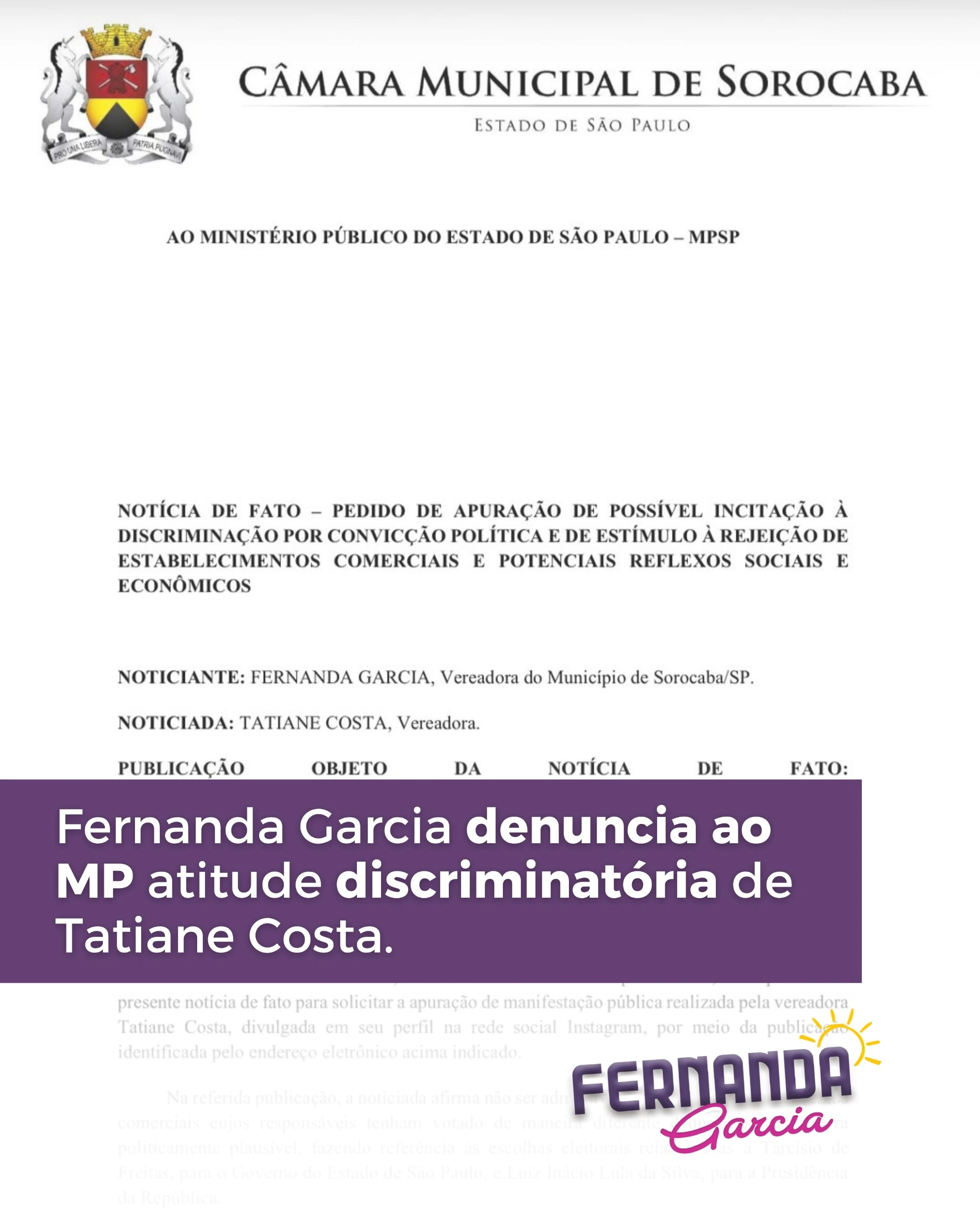 Fernanda Garcia aciona Ministério Público para apurar possível incentivo à discriminação política contra comerciantes por vereadora de Sorocaba