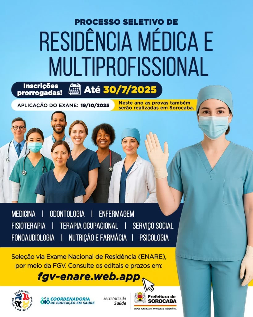 Prefeitura divulga prorrogação do prazo para processo seletivo dos Programas de Residência Médica e Multiprofissional em Saúde até 30/7