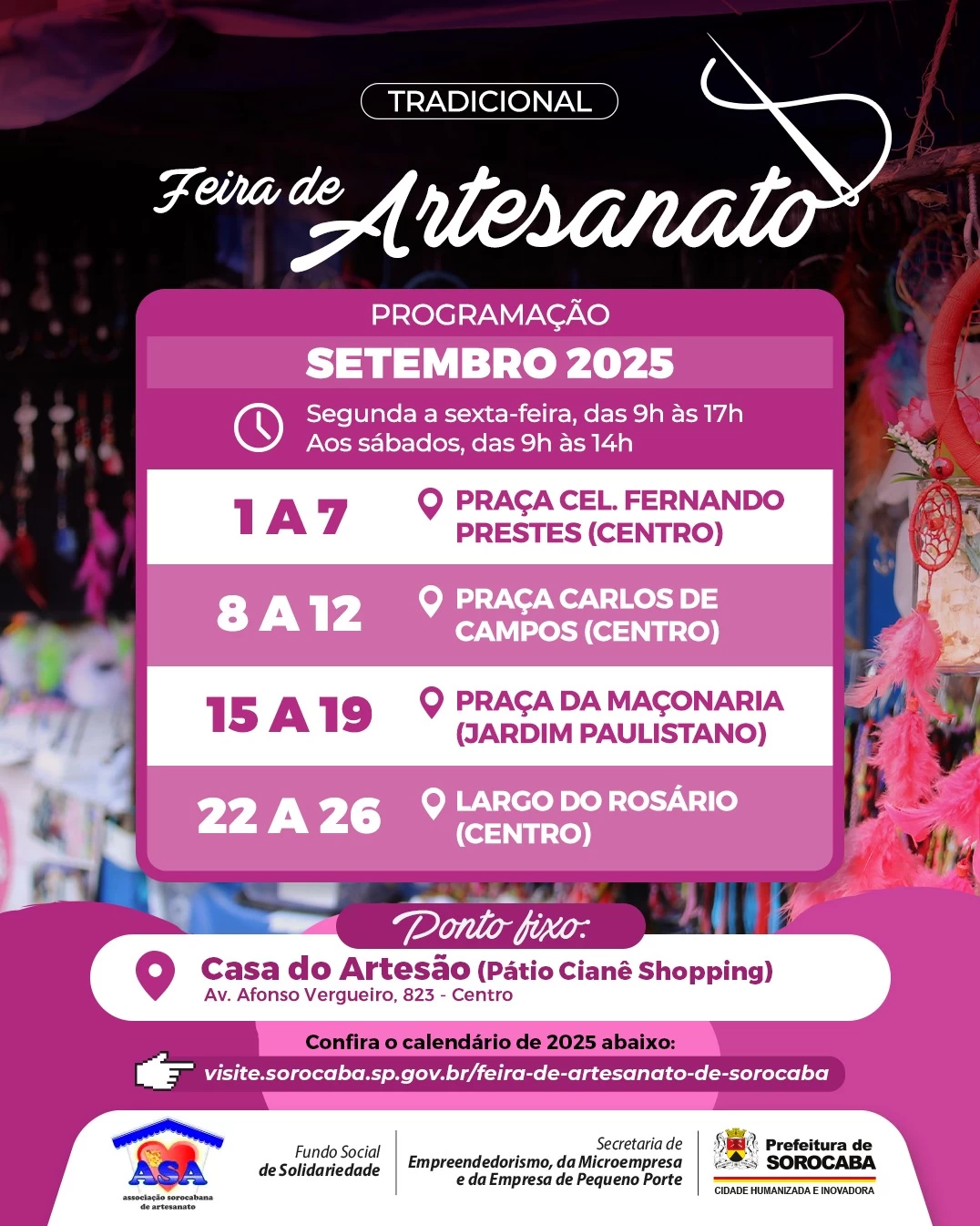 Confira a programação da Feira do Artesanato de Sorocaba no mês de setembro de 2025