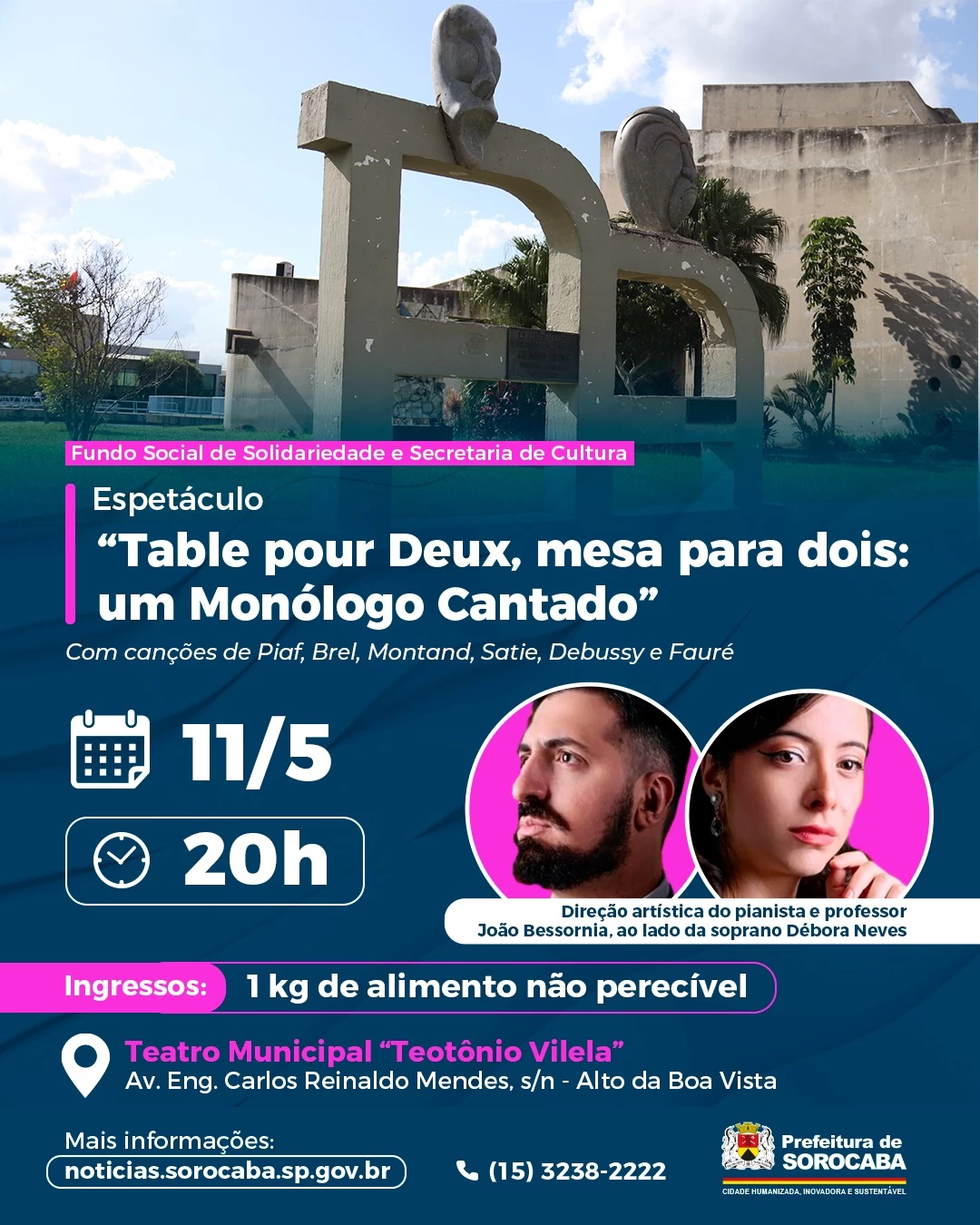 Teatro Municipal de Sorocaba recebe espetáculo “Table pour Deux, mesa para dois: um Monólogo Cantado” neste domingo (11)