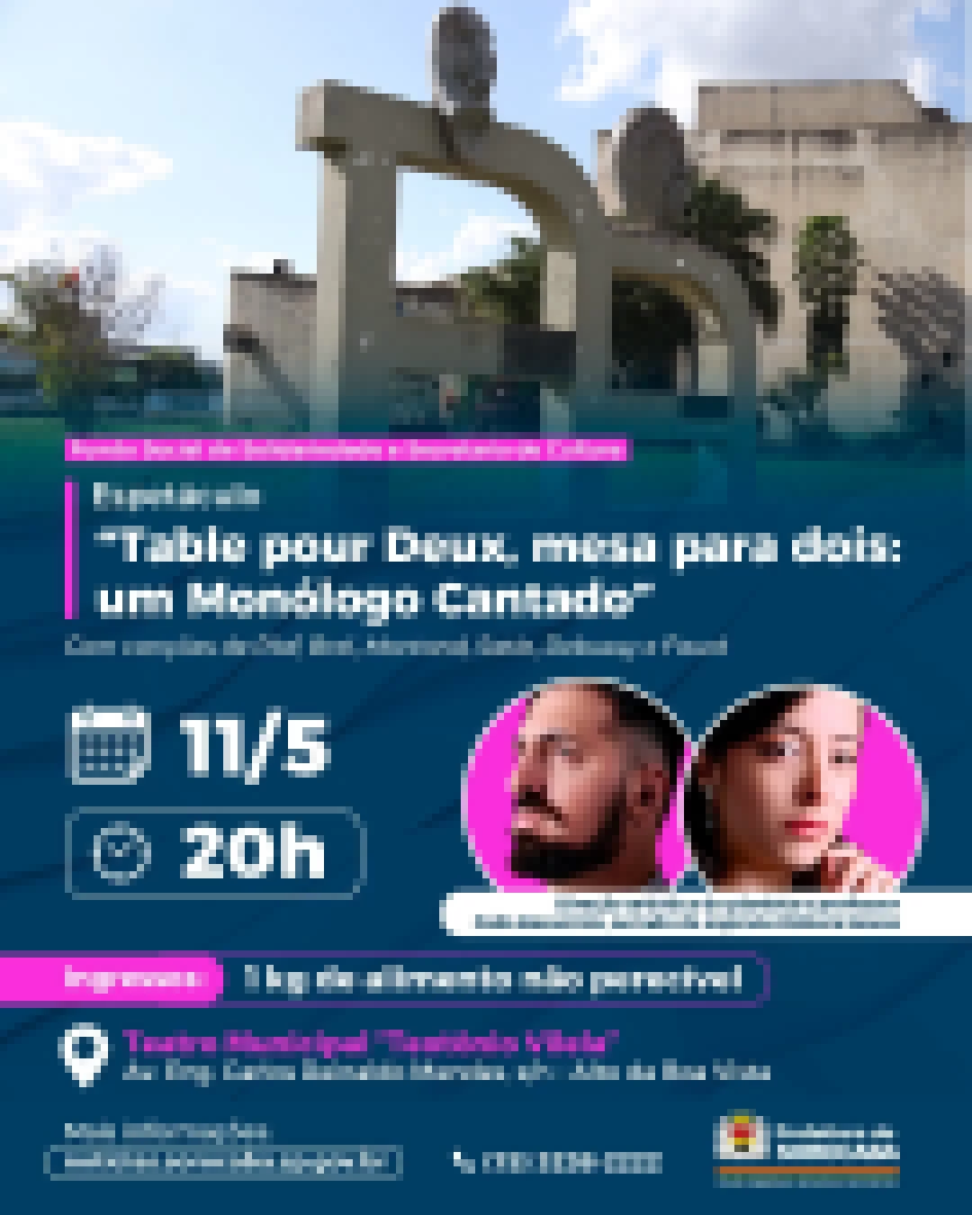 Teatro Municipal de Sorocaba recebe espetáculo “Table pour Deux, mesa para dois: um Monólogo Cantado” neste domingo (11)