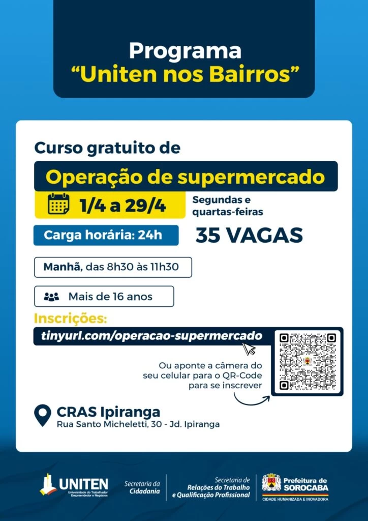 Inscrições abertas para curso gratuito de operação de supermercados no Cras Ipiranga