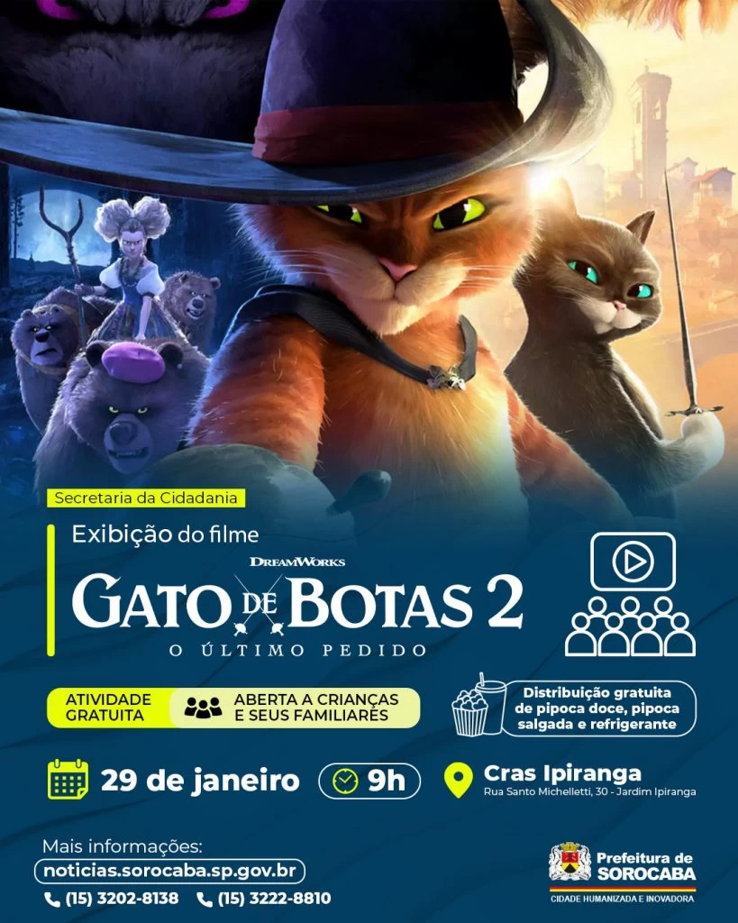 Cras Ipiranga exibe “Gato de Botas 2: O Último Pedido” nesta quinta-feira (29)