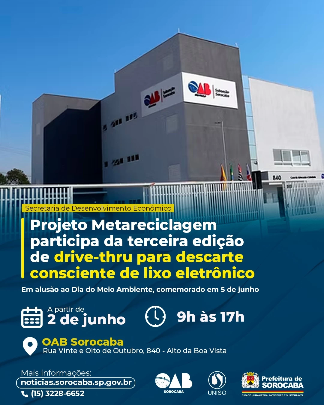 Projeto Metareciclagem participa da terceira edição de drive-thru para descarte consciente de lixo eletrônico nesta segunda-feira (2)