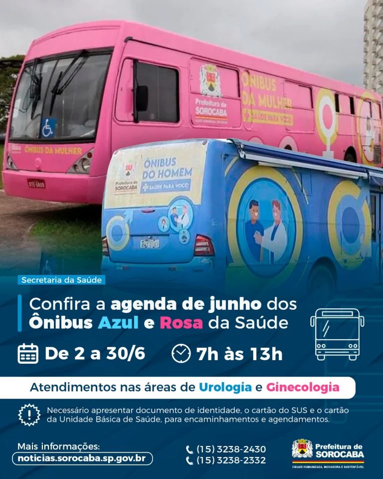 Prefeitura de Sorocaba divulga agenda de junho dos Ônibus Azul e Rosa da Saúde.