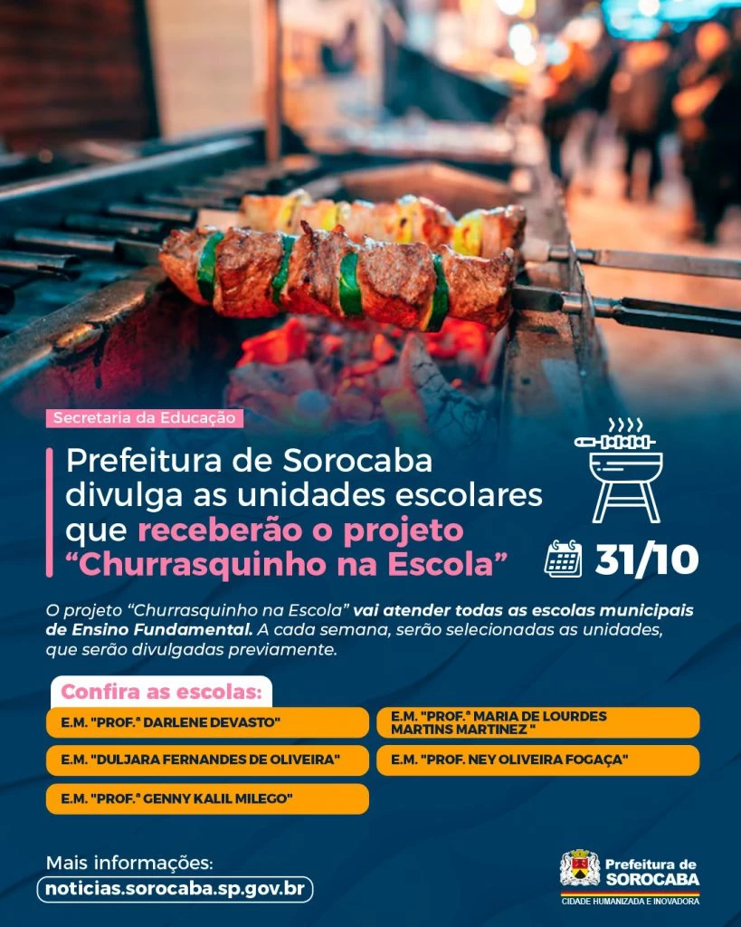 Prefeitura de Sorocaba divulga as unidades escolares que receberão o projeto “Churrasquinho na Escola” nesta sexta-feira (31)