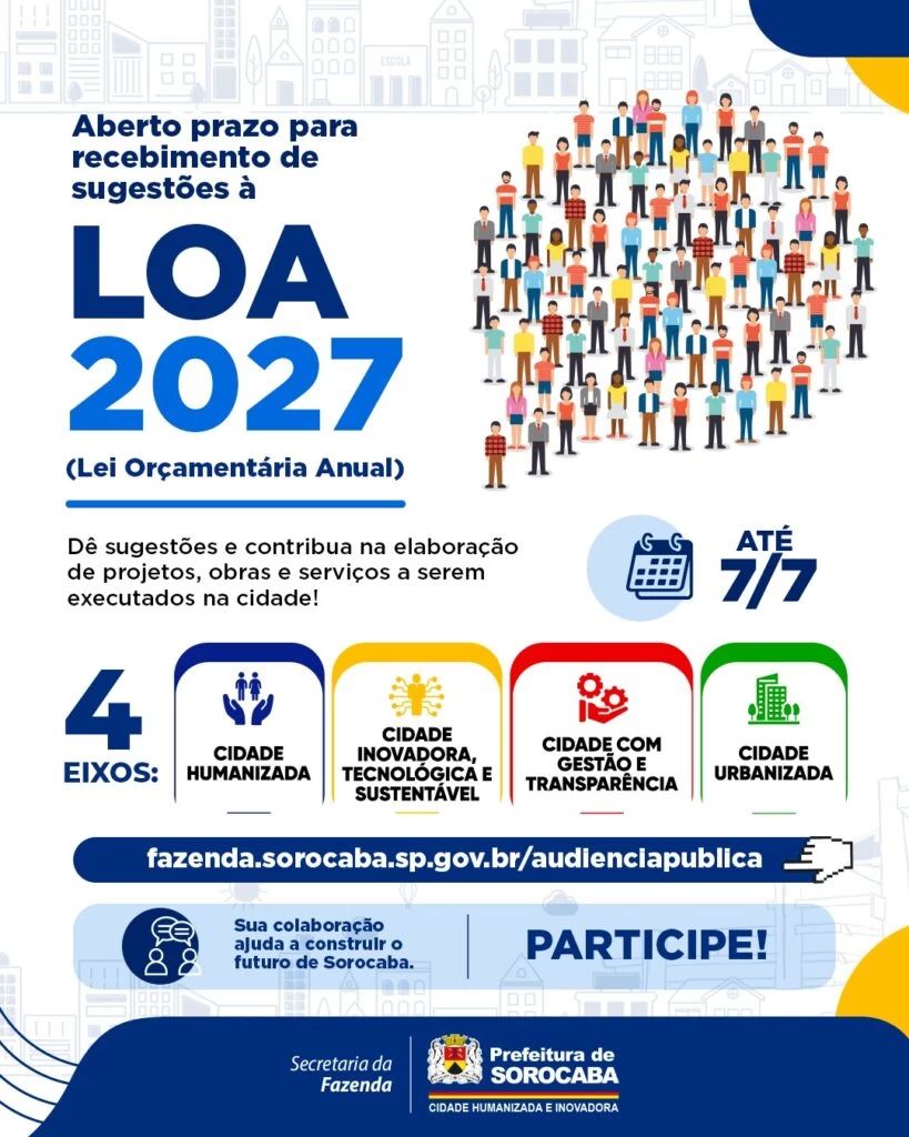 Prefeitura de Sorocaba recebe sugestões on-line da população para a LOA 2027 a partir de 1º de junho
