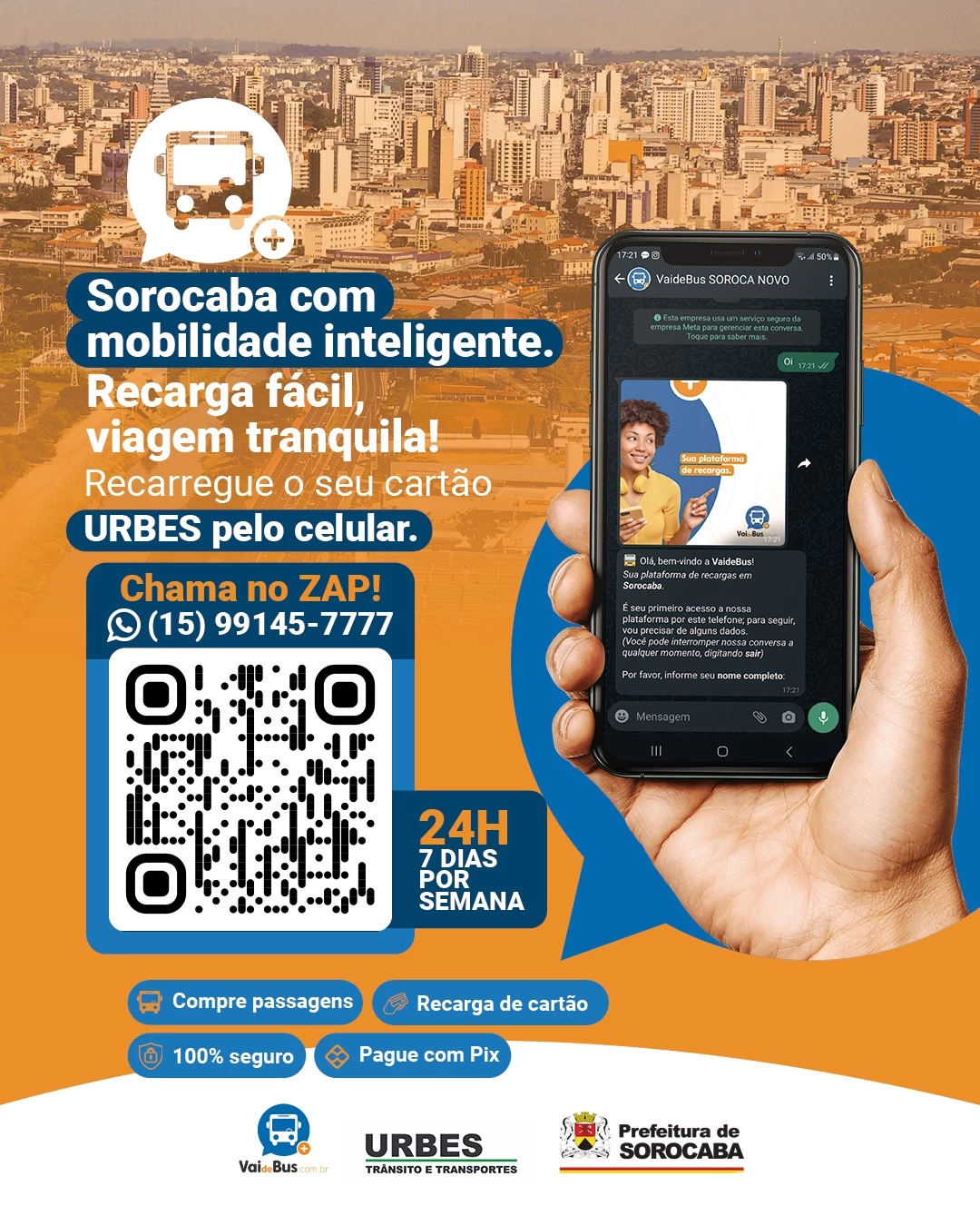 Usuário do transporte público em Sorocaba ganha opção de recarregar cartão de ônibus por WhatsApp e pagar via Pix