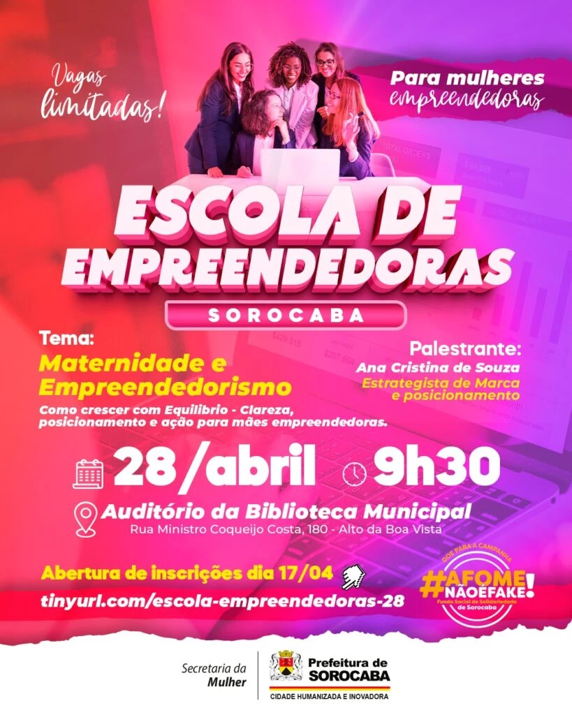 Secretaria da Mulher abre inscrições para o 3º evento do ano da Escola de Empreendedoras com o tema “Maternidade e Empreendedorismo”