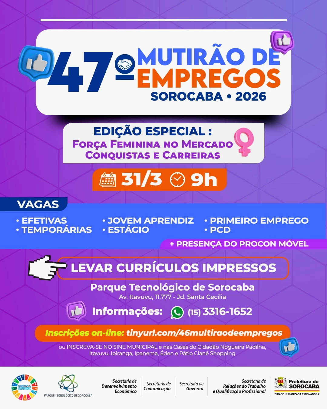Prefeitura realiza o 47º Mutirão de Empregos Sorocaba edição especial “Força Feminina no Mercado: Conquistas e Carreiras” no dia 31 de março