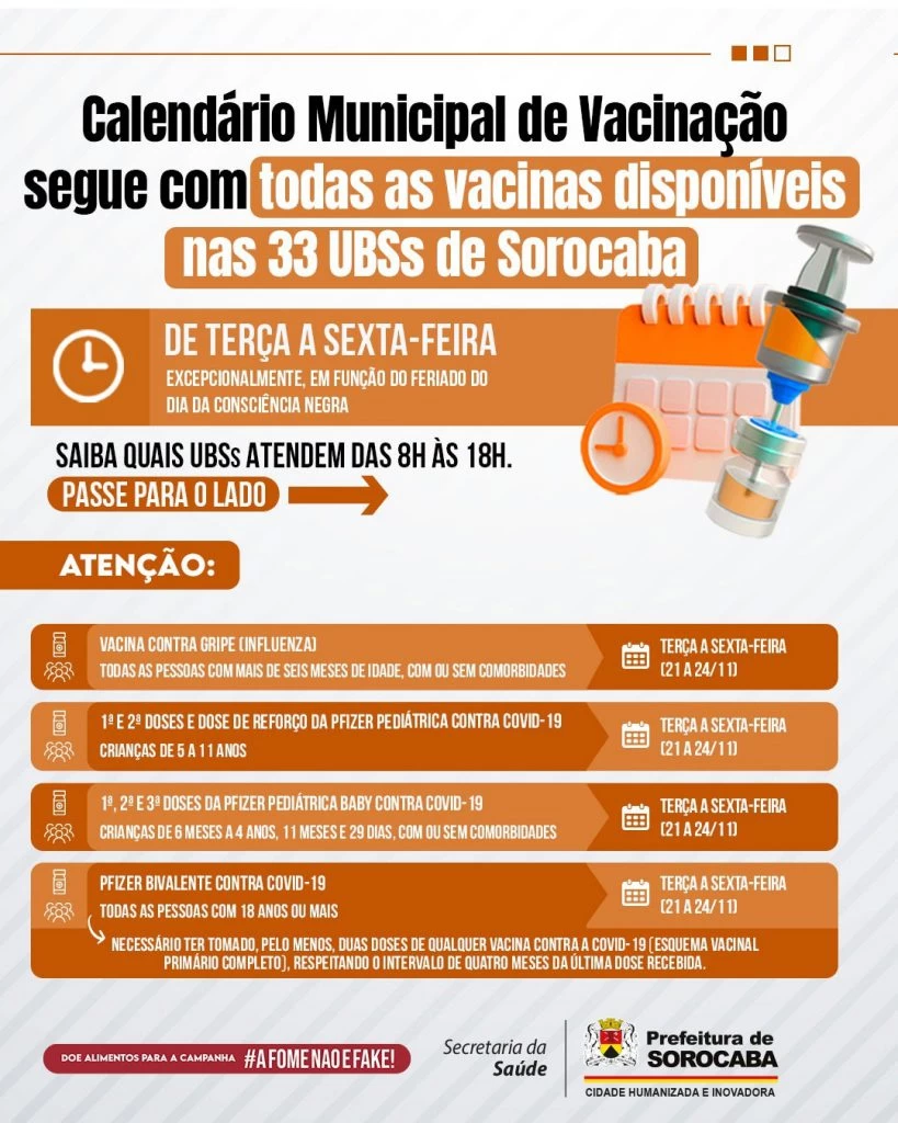 Calendário Municipal de Vacinação segue com todas as vacinas disponíveis e horário estendido de atendimento (21 á 24/11)