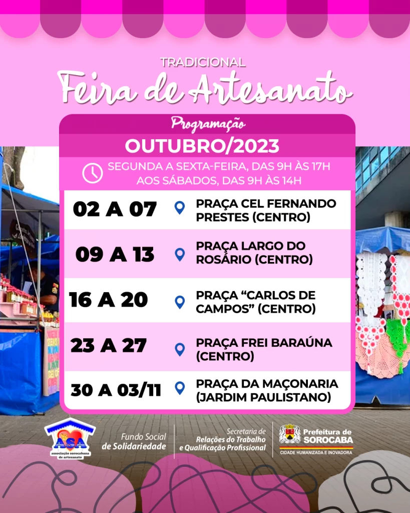 Prefeitura divulga calendário do mês de outubro da Feira de Artesanato em Sorocaba