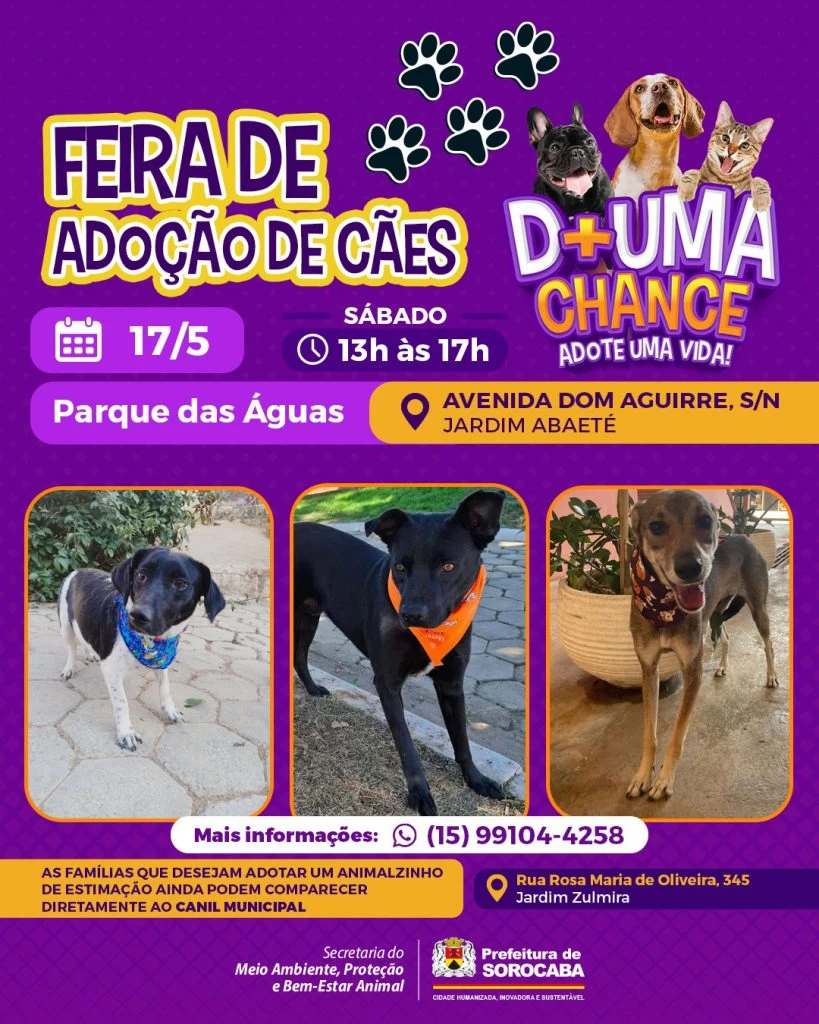 Parque das Águas recebe feira de adoção de cães neste sábado (17)