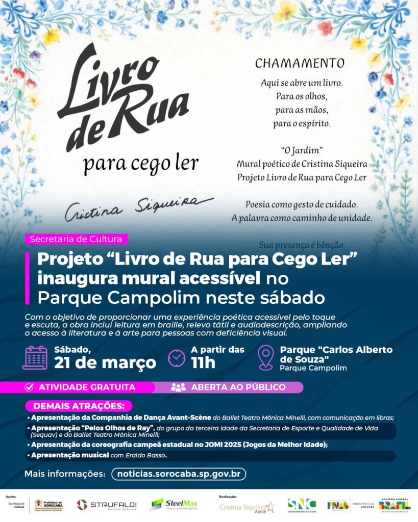 Projeto “Livro de Rua para Cego Ler” inaugura mural acessível no Parque Campolim neste sábado (21)