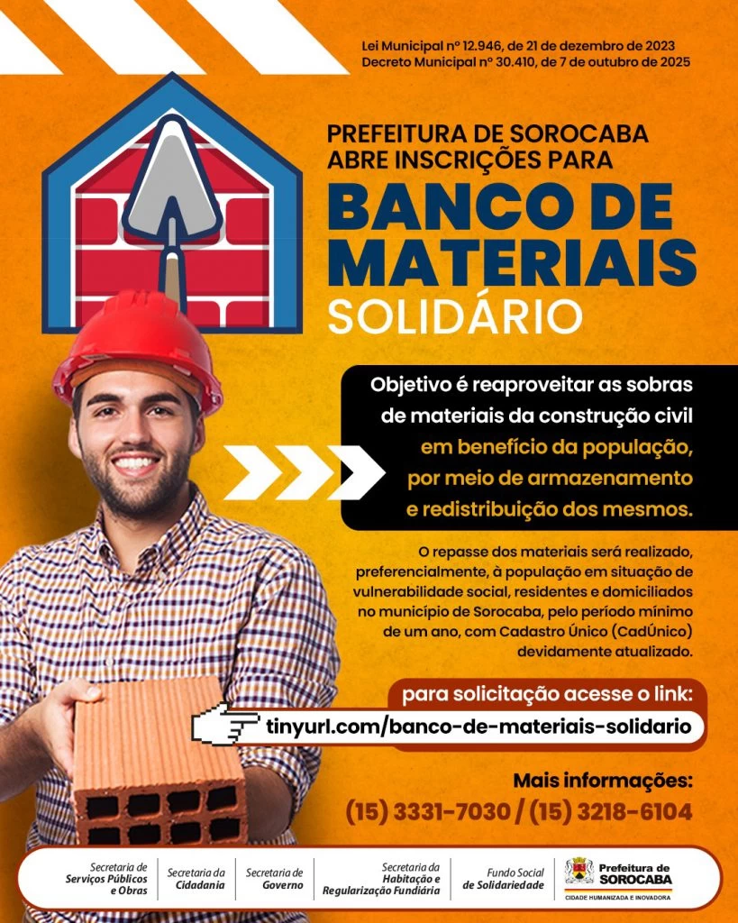 Prefeitura de Sorocaba abre inscrições para o programa Banco de Materiais Solidário