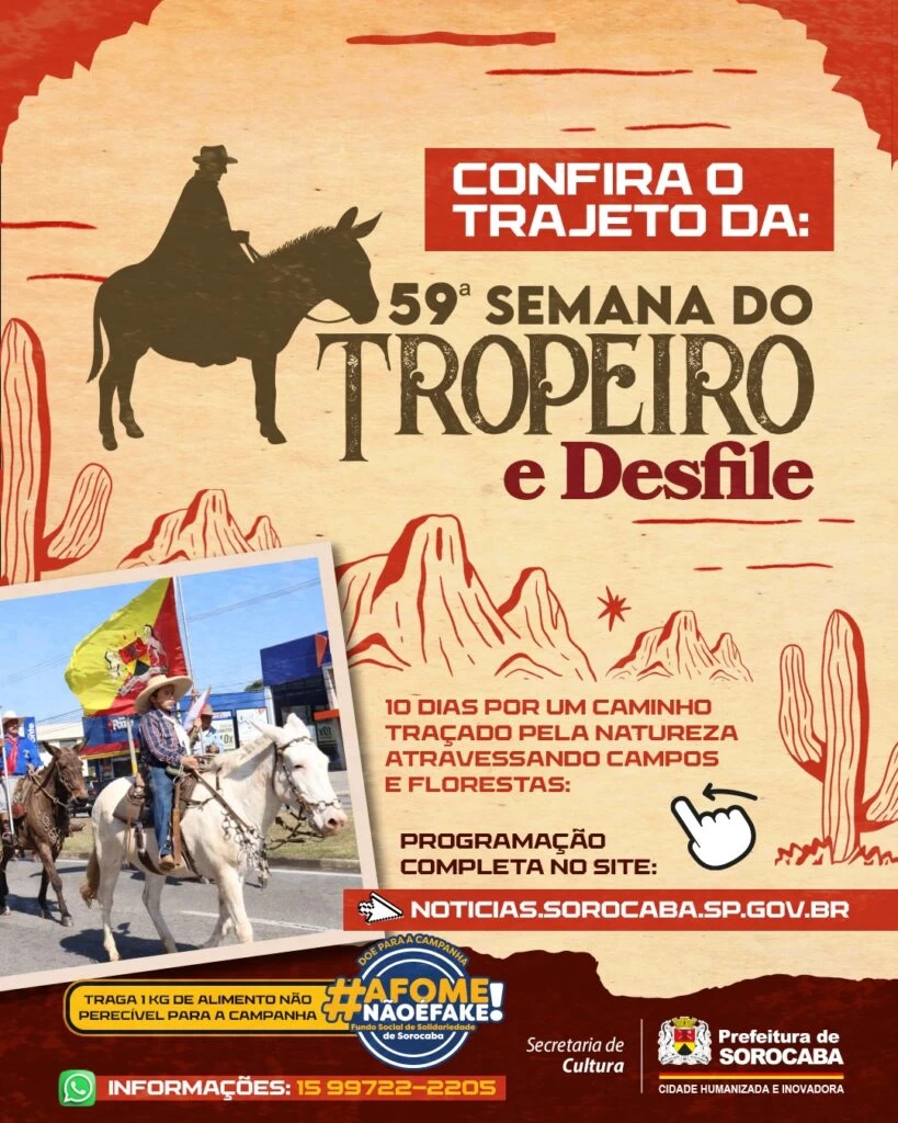 Tradicional Desfile dos Tropeiros e 5ª Cavalgada Solidária AFOMENAOEFAKE! acontecem neste domingo (31)
