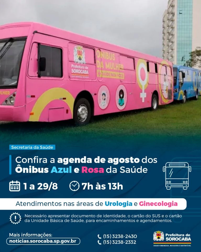 Prefeitura de Sorocaba divulga agenda de agosto dos Ônibus Azul e Rosa da Saúde.