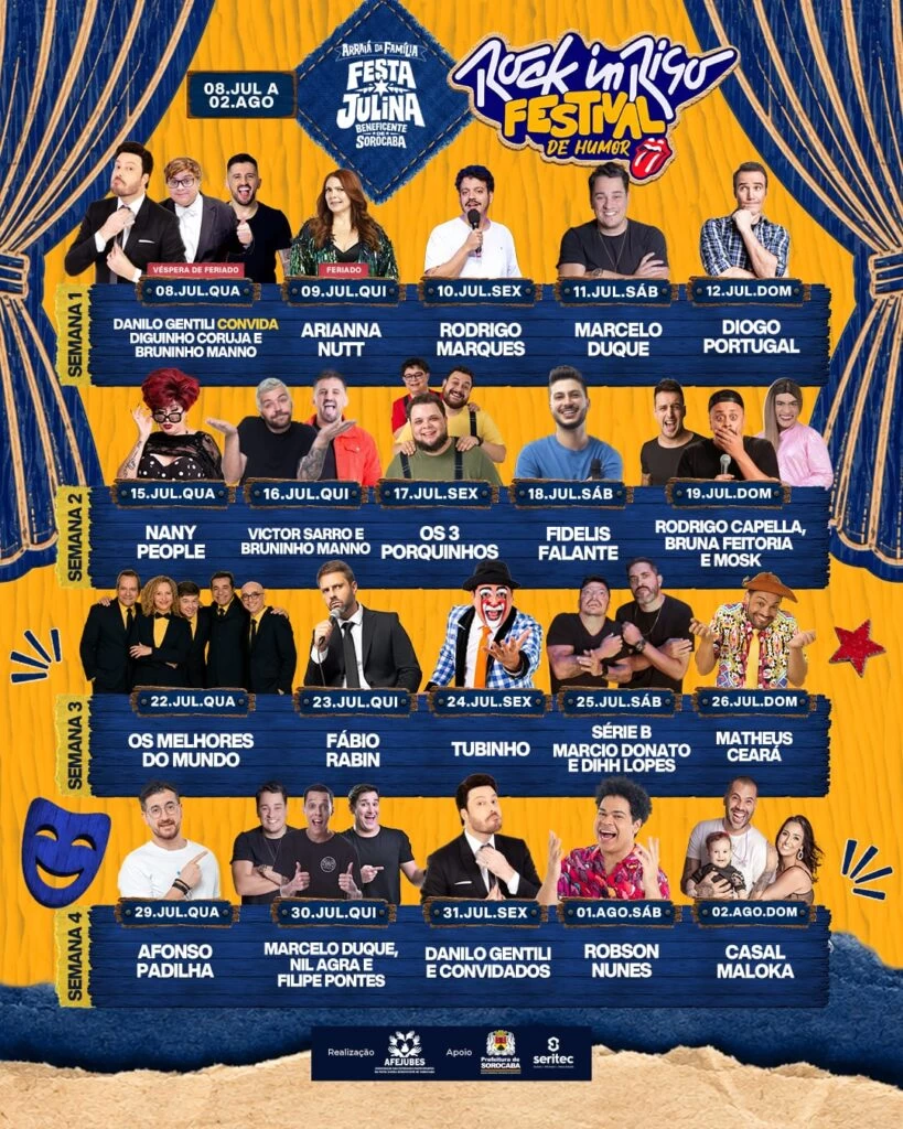 45ª Festa Julina de Sorocaba anuncia atrações de Stand Up Comedy do “Rock in Riso – Festival de Humor”