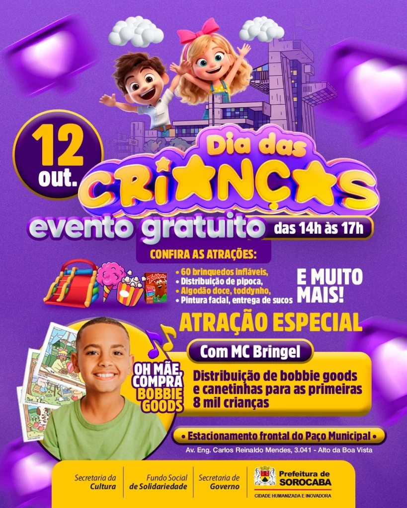 Prefeitura de Sorocaba vai proporcionar festa de Dia das Crianças com shows gratuitos e distribuição de brindes no domingo (12)