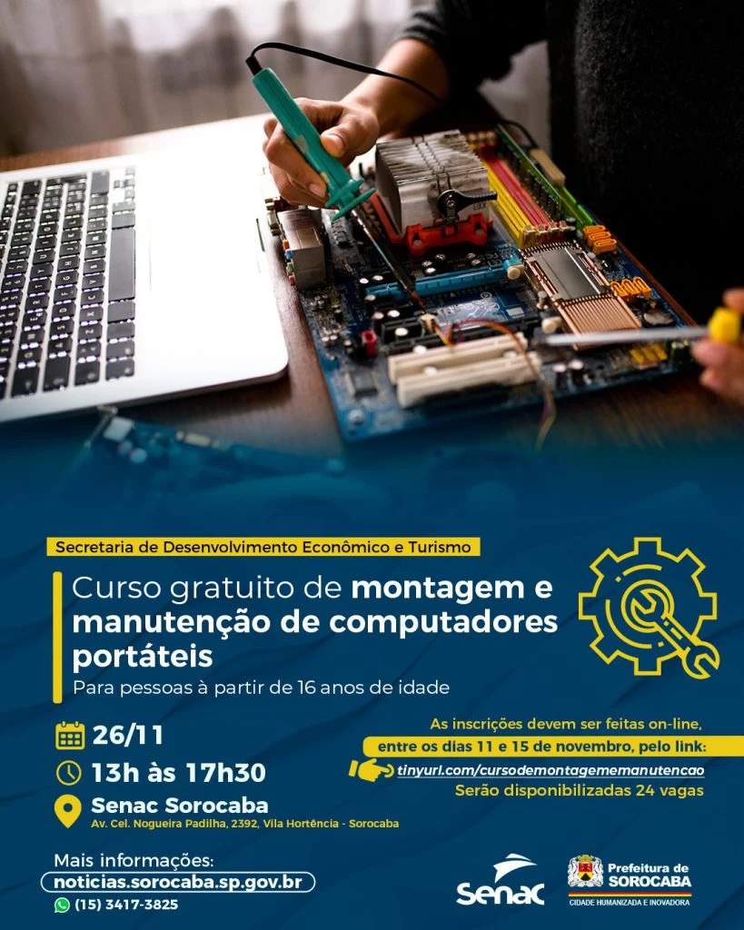 Prefeitura e Senac ofertam curso gratuito de montagem e manutenção de computadores portáteis