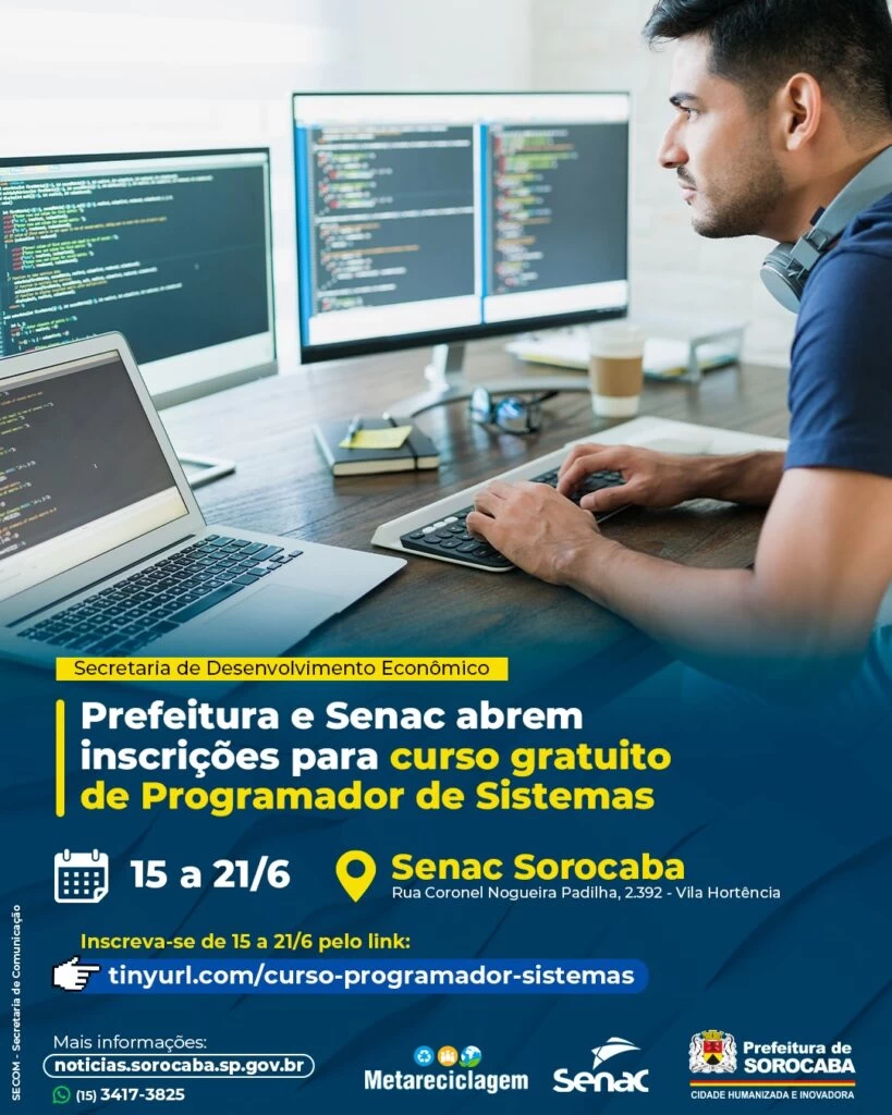 Prefeitura e Senac abrem inscrições para curso gratuito de Programador de Sistemas