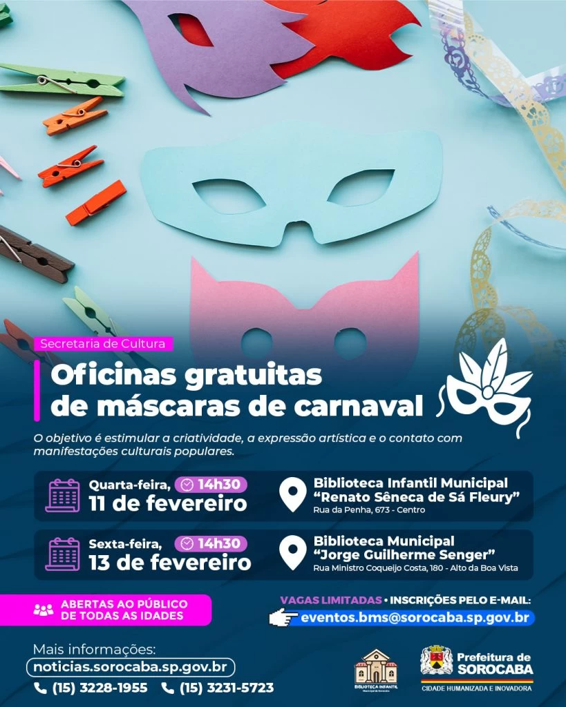 Bibliotecas Municipais oferecem oficinas gratuitas de máscaras de carnaval na próxima semana