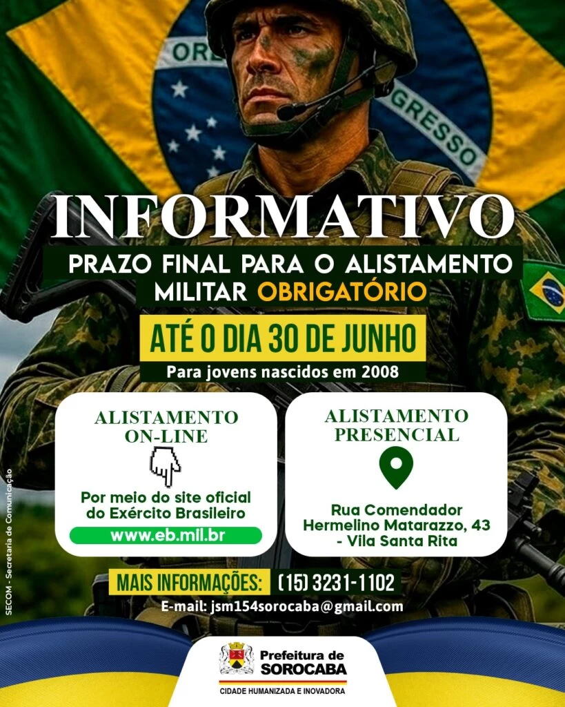 Prefeitura de Sorocaba alerta os jovens sobre o prazo final para o alistamento militar obrigatório até 30 de junho