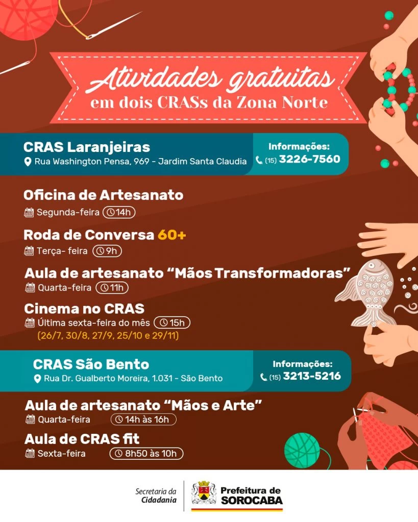 Unidades dos CRAS Laranjeiras e CRAS São Bento, ambos na Zona Norte, oferecem atividades gratuitas para a população local