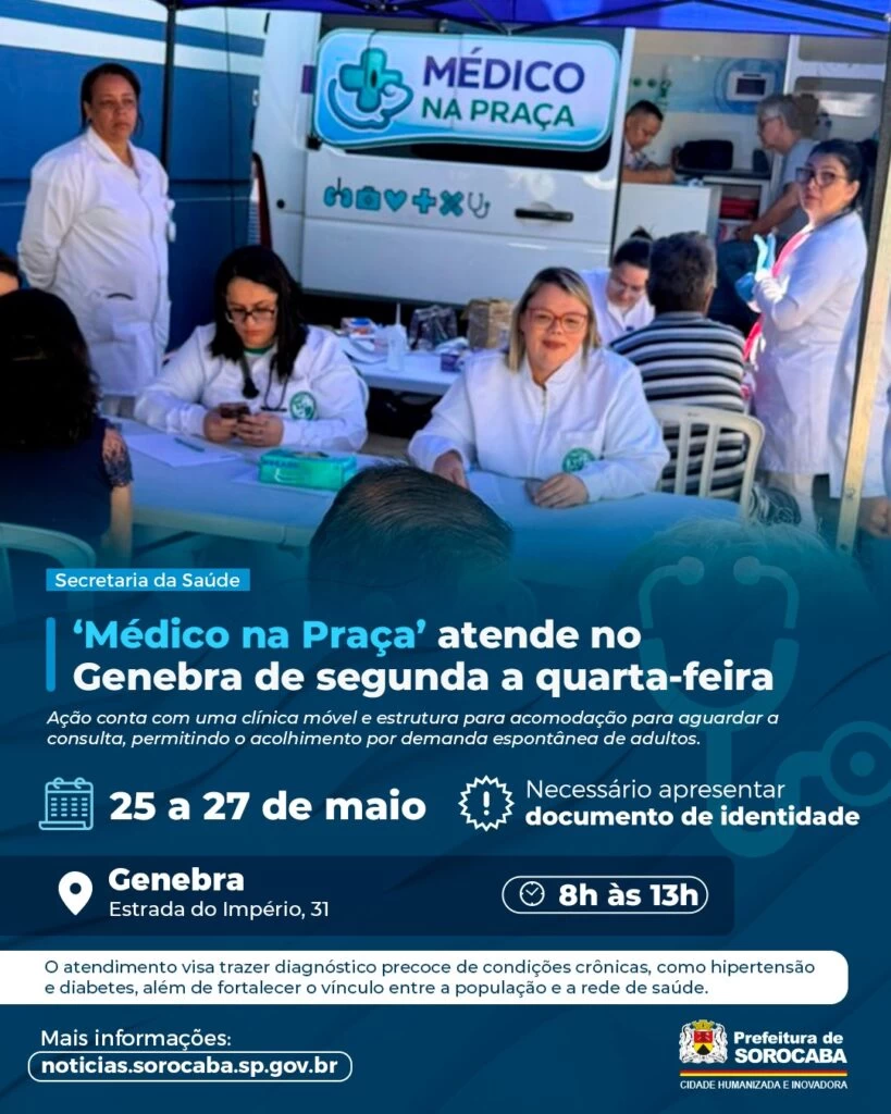 ‘Médico na Praça’ atende no Genebra de segunda a quarta-feira (25 a 27 de maio)