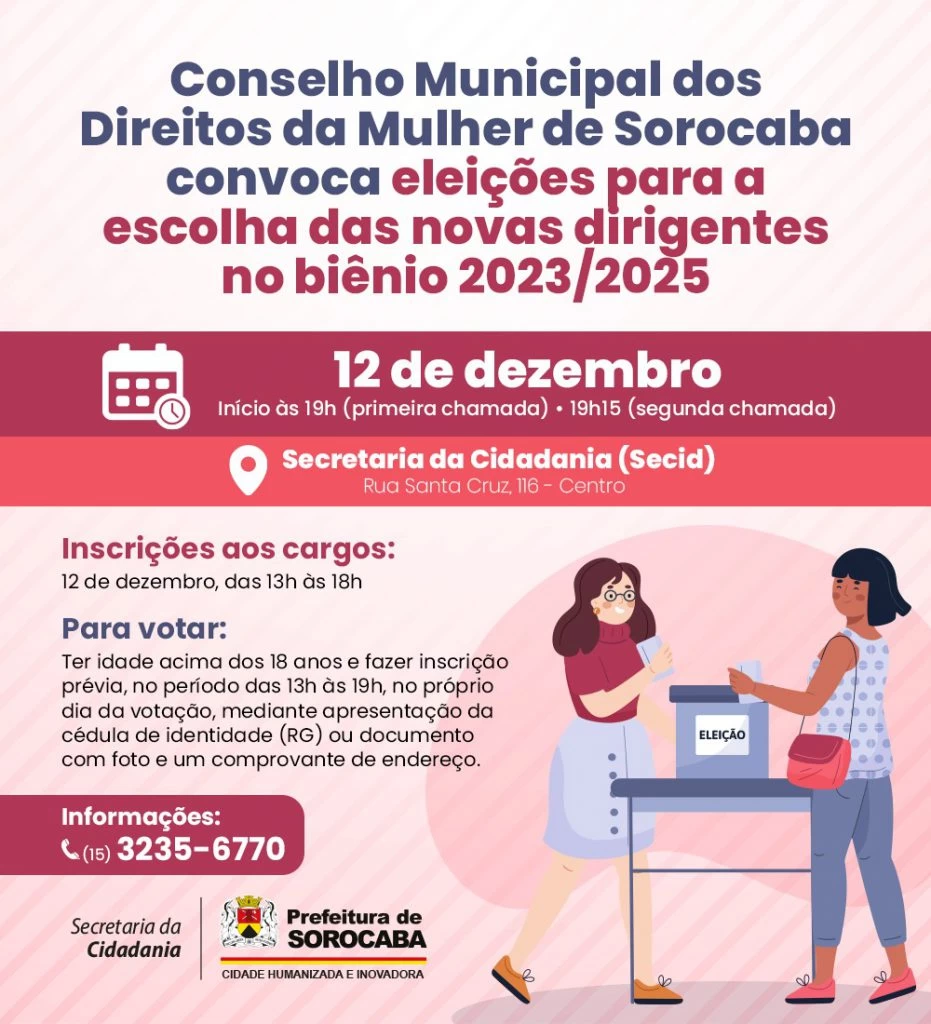 Conselho Municipal dos Direitos da Mulher de Sorocaba convoca eleições para a escolha das novas dirigentes no biênio 2023/2025