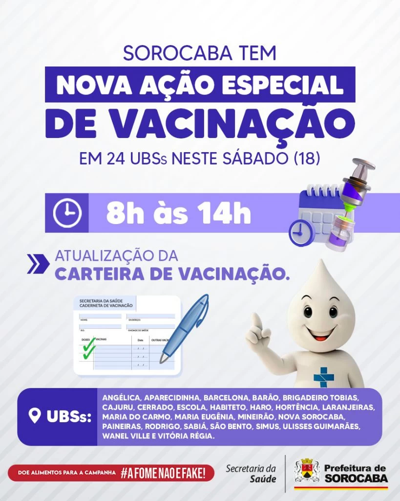 Sorocaba tem nova ação especial de vacinação em 24 UBSs neste sábado (18)