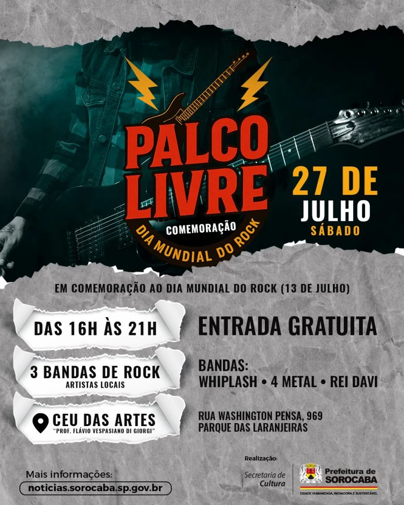 “Palco Livre – Dia Mundial do Rock” acontece no CEU das Artes no dia 27 de julho