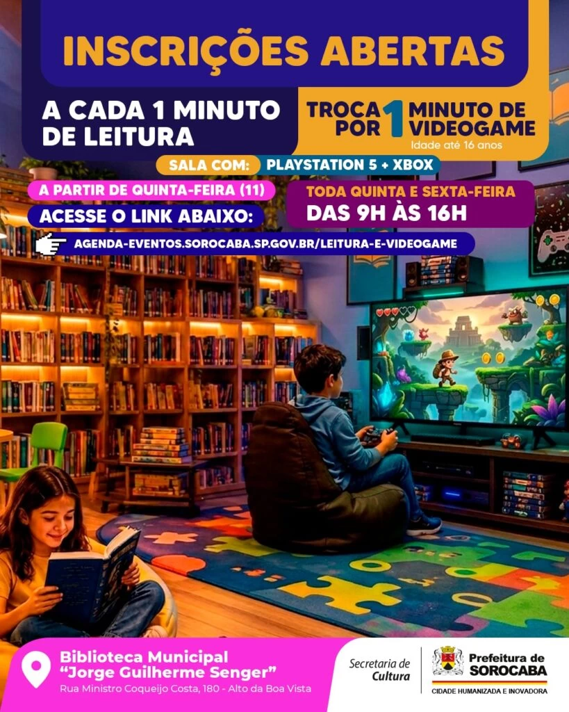 Inscrições abertas para atividade que integra leitura e videogame na Biblioteca Municipal de Sorocaba