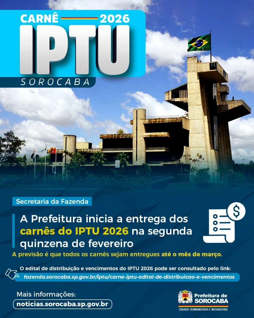 A Prefeitura inicia a entrega dos carnês do IPTU 2026 na segunda quinzena de fevereiro