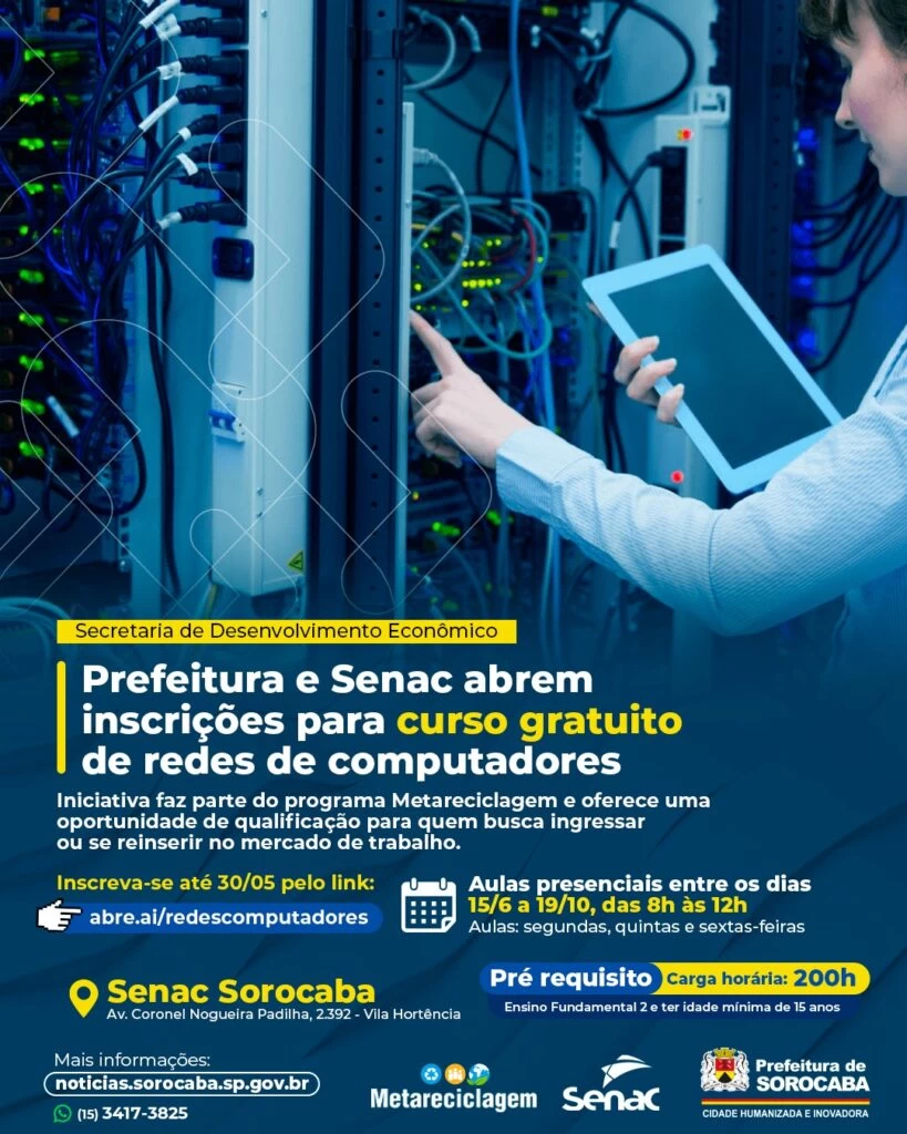 Prefeitura e Senac abrem inscrições para curso gratuito de redes de computadores
