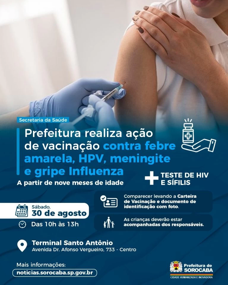Prefeitura realiza ação de vacinação contra febre amarela, HPV, meningite e gripe Influenza no Terminal Santo Antônio neste sábado