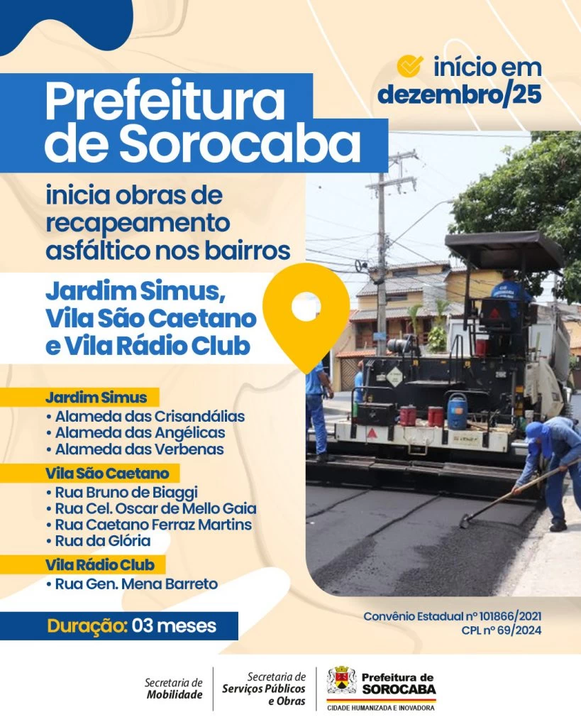 Prefeitura de Sorocaba inicia recape de vias no Jd. Simus, Vila São Caetano e Vila Rádio Club