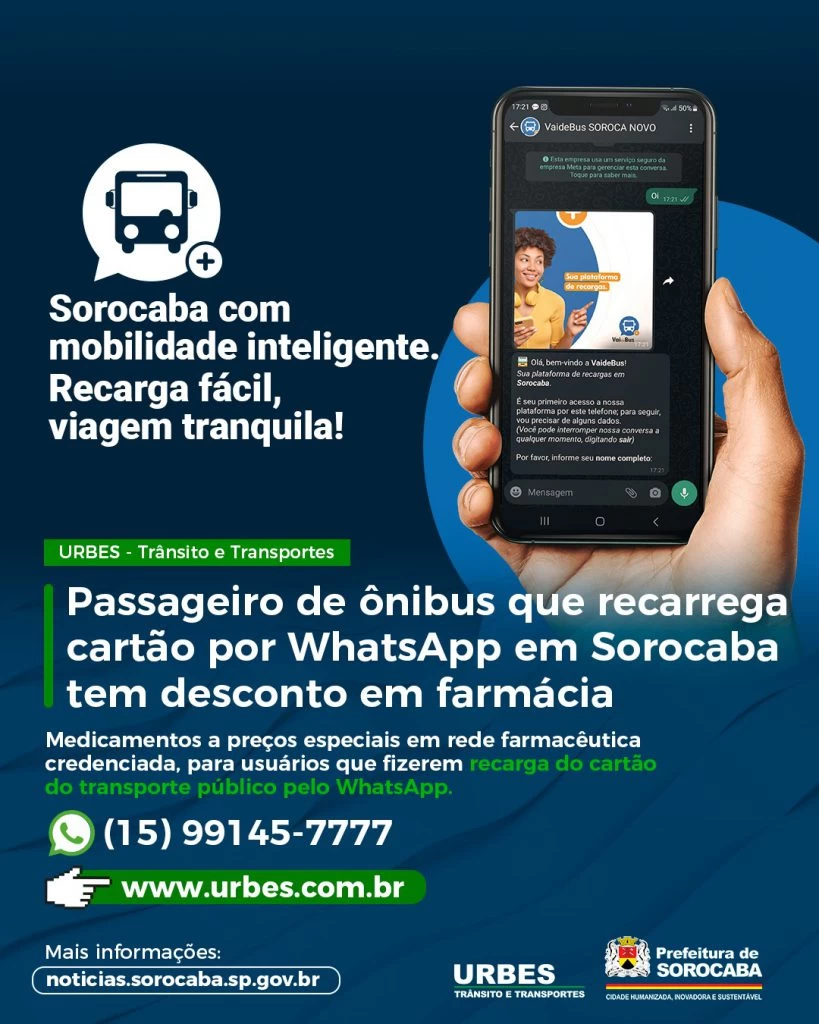 Passageiro de ônibus que recarrega cartão por WhatsApp em Sorocaba tem desconto em farmácia