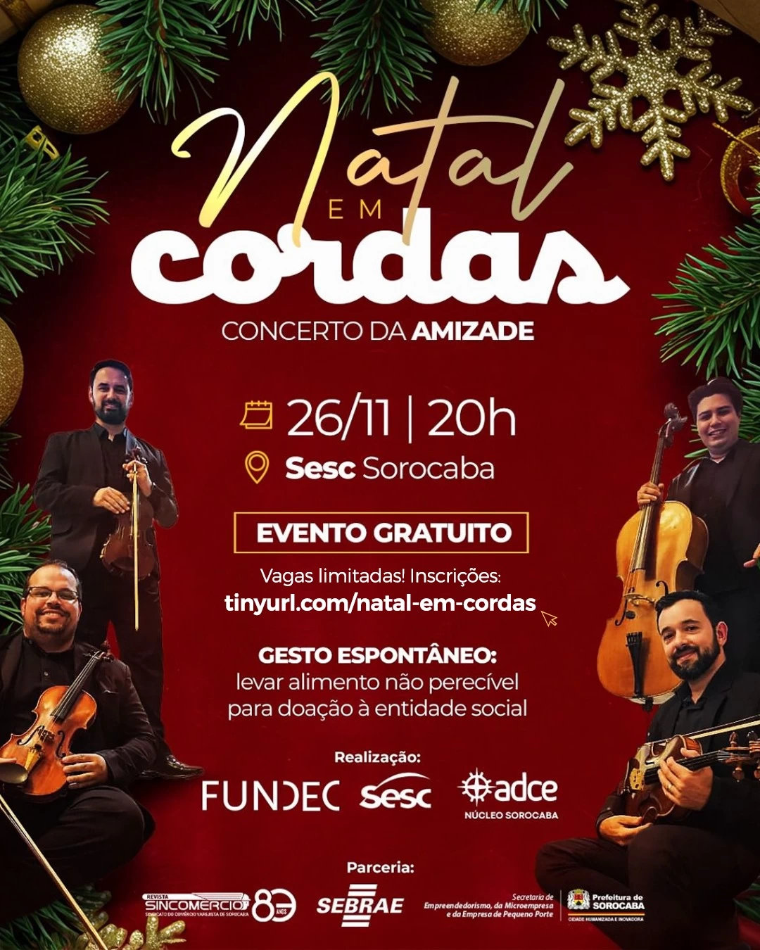 “Natal em Cordas: Concerto da Amizade” se apresenta em Sorocaba com celebração musical e solidária